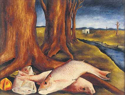 "Naturaleza muerta con huachinangos" (1946) de Mara Izquierdo. leo sobre tela (65 x 85 cm), Galera de Arte Mexicano.